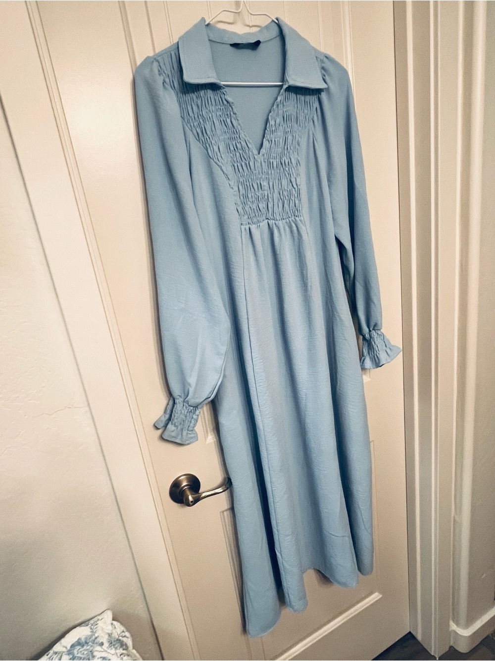 Light Blue Smocked-Yoke Long Sleeve Maxi Dress